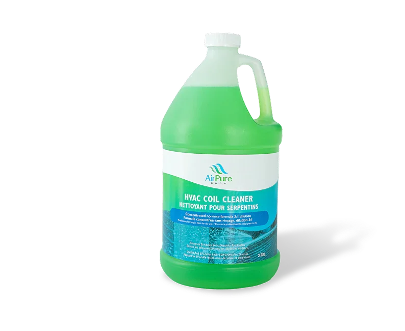 Gallon jug of HVAC coil cleaner with green fluid for air conditioner maintenance